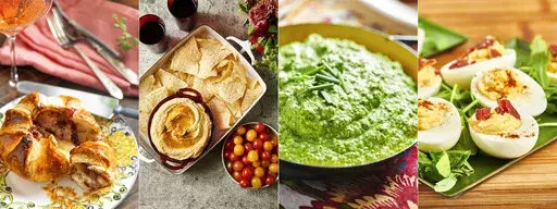 This combination of photos shows recipes for Baked Brie en Croute with Raspberry Jam, from left, hummus, Parmesan Feta Spinach Dip and Deviled Eggs. (Cheyenne M. Cohen via AP)