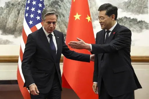 U.S. Secretary of State Antony Blinken, left, meets with Chinese Foreign Minister Qin Gang, right, at the Diaoyutai State Guesthouse in Beijing, China, on June 18, 2023. China has removed outspoken foreign minister Qin Gang from office and replaced him with his predecessor, Wang Yi. In an announcement on Tuesday, July 25, 2023, state media gave no reason for Qin’s removal, but it comes after he dropped out of sight almost one month ago amid speculation over his personal affairs and political r