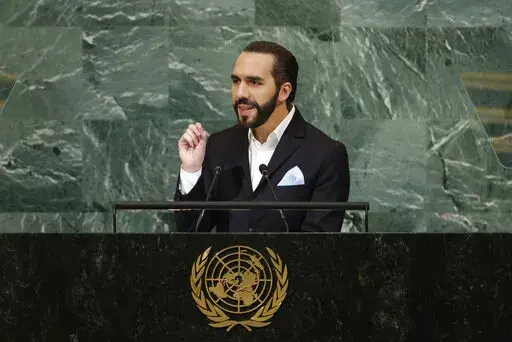 President of El Salvador Nayib Bukele addresses the 77th session of the United Nations General Assembly, at U.N. headquarters, Tuesday, Sept. 20, 2022. (AP Photo/Jason DeCrow)
