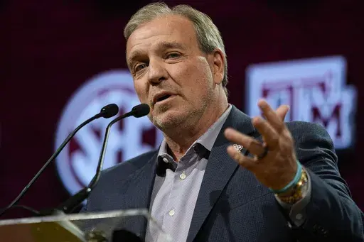Texas A&M head coach Jimbo Fisher speaks during NCAA college football Southeastern Conference Media Days, Monday, July 17, 2023, in Nashville, Tenn. Texas A&M opens their season at home against New Mexico on Sept. 2. (AP Photo/George Walker IV)