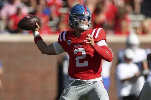 Mississippi quarterback Jaxon Dart (2) throws the ball during the first half of an NCAA college football game against Middle Tennessee, Saturday, Sept. 7, 2024, in Oxford, Miss. (AP Photo/Randy J. Williams)