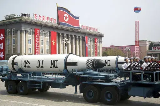 A submarine-launched ballistic missile is displayed in Kim Il Sung Square during a military parade in Pyongyang, North Korea, April 15, 2017, to celebrate the 105th birth anniversary of Kim Il Sung, the country's late founder and grandfather of current ruler Kim Jong Un. North Korea began a much-anticipated military parade in its capital on Monday, April 25, 2022, marking the 90th anniversary of its army's founding, with outside experts saying it was likely to display powerful missiles and other