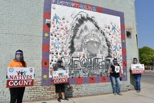 Activists hold signs promoting Native American participation in the U.S. census in front of a mural of Crow Tribe historian and Presidential Medal of Freedom recipient Joe Medicine Crow on the Crow Indian Reservation, Aug. 26, 2020, in Lodge Grass, Mont. A majority of tribal groups won't get the full suite of detailed demographic data from the 2020 census that they had in the previous census. Some of the available numbers are going to be imprecise because of new privacy safeguards recently imple