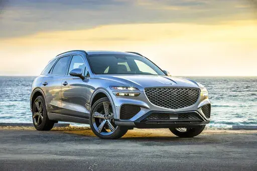 This photo provided by Hyundai shows the 2022 Genesis GV70, the company's first compact luxury SUV. (Courtesy of Hyundai Motor America via AP)