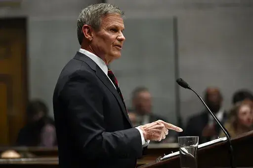 Tennessee Gov. Bill Lee delivers his State of the State Address in the House Chamber, Monday, Feb. 6, 2023, in Nashville, Tenn. (AP Photo/Mark Zaleski)