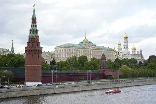 A view of the Moscow Kremlin in Moscow, Russia, Wednesday, May 3, 2023. Russian authorities have accused Ukraine of attempting to attack the Kremlin with two drones overnight. The Kremlin on Wednesday decried the alleged attack attempt as a "terrorist act" and said Russian military and security forces disabled the drones before they could strike. (AP Photo)