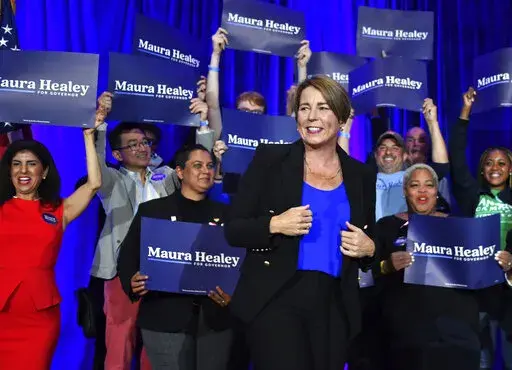 Democratic gubernatorial candidate and Massachusetts Attorney General Maura Healey addresses the audience at a watch party, Tuesday, Sept. 6, 2022, in Boston. Healey is heavily favored to flip the Republican-held governor’s office in November, which would make her the state’s first woman and first openly gay candidate elected chief executive. (Chris Christo/The Boston Herald via AP, File)