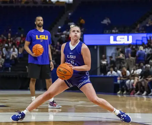 LSU guard Hailey Van Lith (11) makes a move before pulling up for a jump shot during practice at the Pete Maravich Assembly Center in Baton Rouge, La., Monday, Sept. 25, 2023. LSU is ranked No. 1 in the AP Top 25 preseason women's basketball poll, released Tuesday, Oct. 17, 2023. There's clearly a lot of optimism around LSU as they return a stellar group, including Angel Reese and added two huge transfers with Hailey Van Lith and Aneesah Morrow.(Michael Johnson/The Advocate via AP)